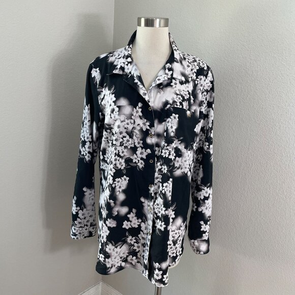 Calvin Klein Womens XL Floral Button Up Shirt Roll Tab Sleeve Blouse Top - Picture 1 of 13